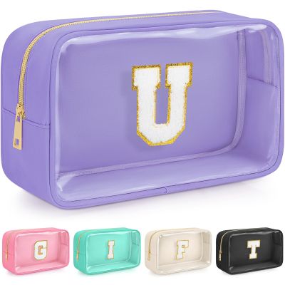 WELIDAY Initial Clear Makeup Bag, Birthday Gift Chenille Patch Cosmetic Bag