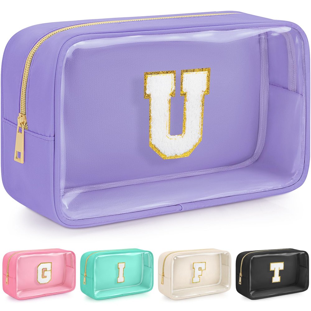 WELIDAY Initial Clear Makeup Bag, Birthday Gift Chenille Patch Cosmetic Bag