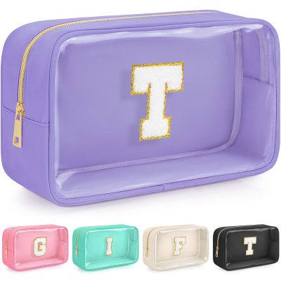 WELIDAY Initial Clear Makeup Bag, Birthday Gift Chenille Patch Cosmetic Bag