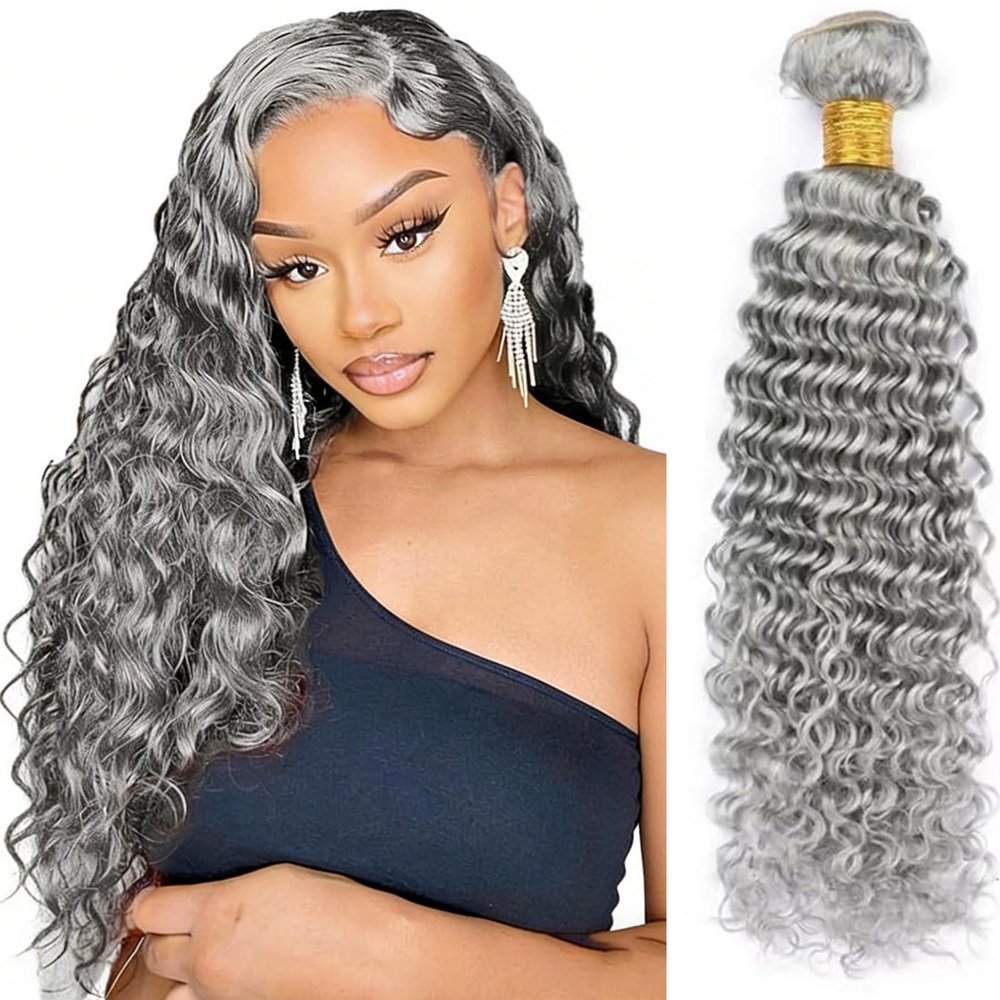 Grey Human Hair Bundles 18 Inch Deep Wave Bundles 12A Human Hair 100% Unprocessed Brazilian Virgin Hair Quick Weave Extensions Grey Hair for Women