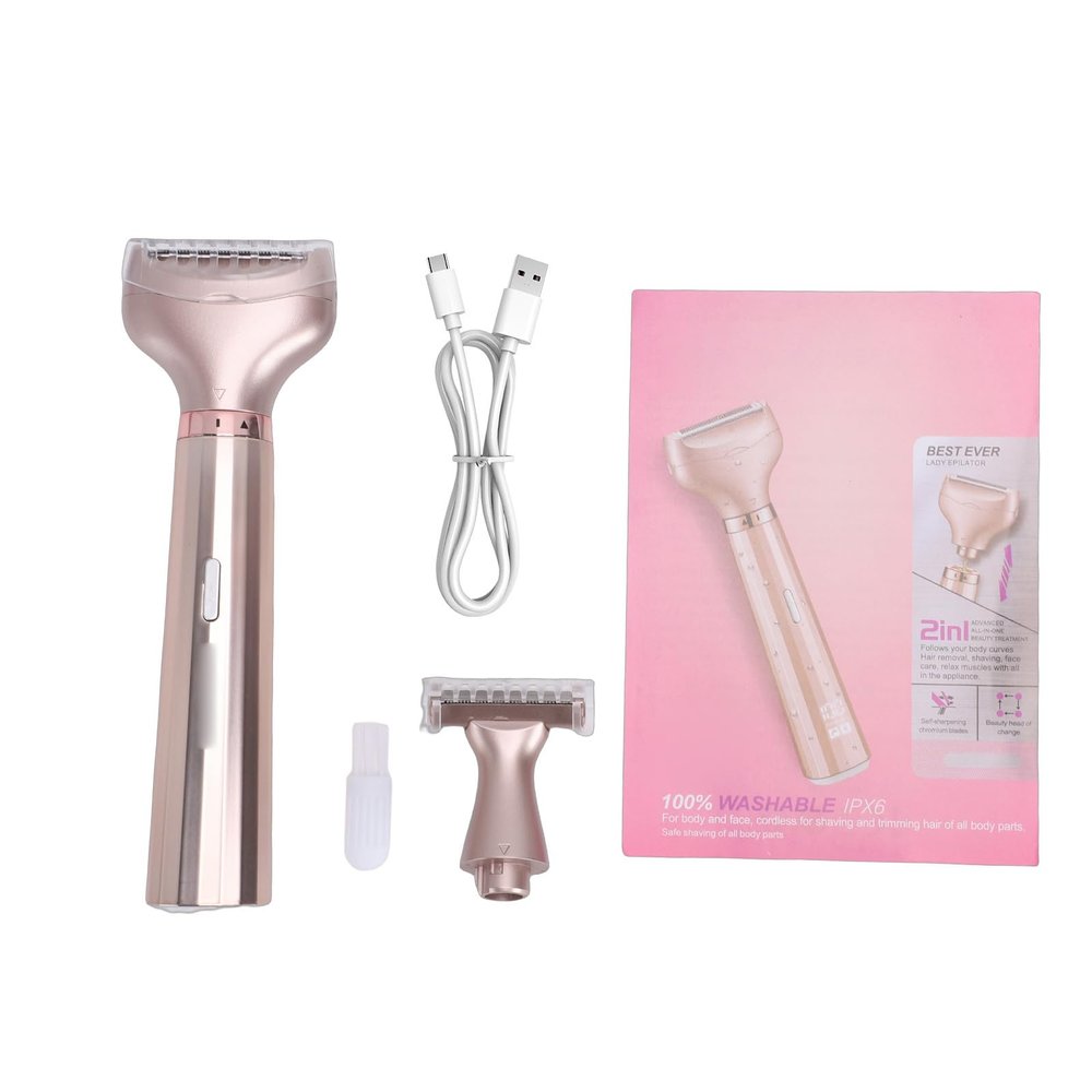 Mingzhe Women Electric Shaver 2 in 1 Dual Head Hair Trimmer 7000RPM Rechargeable Hair Removal Device with 2 Replaceable Heads IPX6 Fully Washable Heads (Rose Gold)