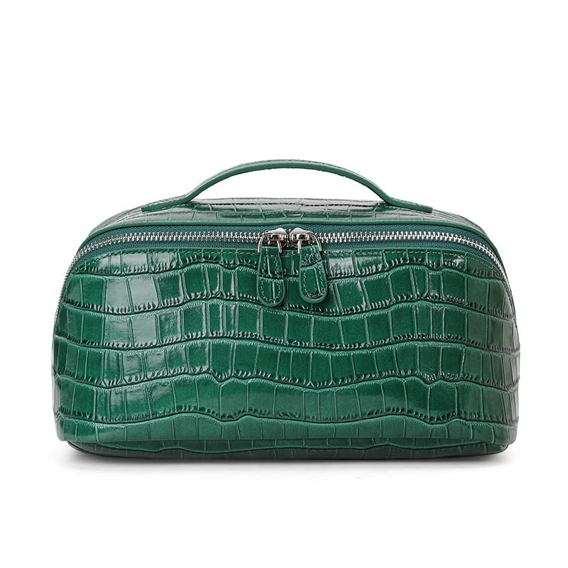 AIDRANI Genuine leather cowhide women's makeup bag, jewelry box, storage bag, large-capacity toiletries bag, pillow-shaped toast bag, travel handbag (Emerald Green,crocodile pattern)