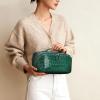 AIDRANI Genuine leather cowhide women's makeup bag, jewelry box, storage bag, large-capacity toiletries bag, pillow-shaped toast bag, travel handbag (Emerald Green,crocodile pattern) view 2