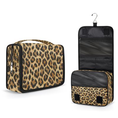 DJYQBFA Portable Travel Makeup Bag with Hanging Hook, Classic Leopard Print Toiletry Bag for Men Women Cosmetic Organizer Gym Shower Bathroom