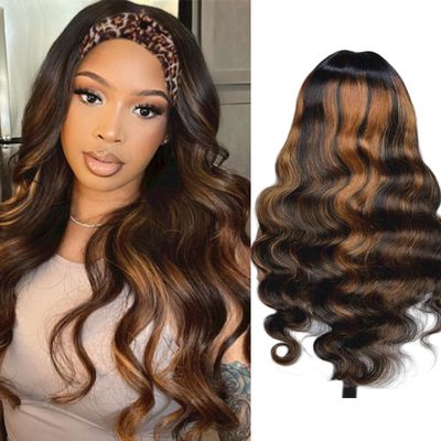 Prisyfab Headband Wig Human Hair Body Wave Headband Wigs for Black Women human hair 1b/30 color Wear and Go Glueless Wig 100% Brazilian Virgin Human Hair Headband wig 150% Density(16inch)