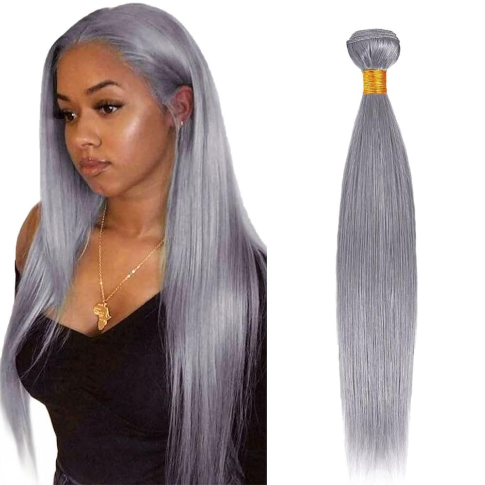 Peenoll 26 Inch Straight Wave Human Hair Single Bundle Sliver Grey Weave One Bundle Human Hair Unprocessed Brazilian Virgin Quick Weave Hair Extension for Black Women