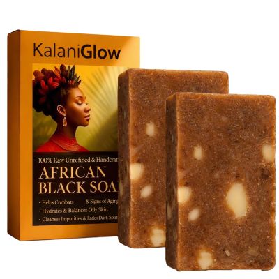 Kalani Glow African Black Soap Raw African Black Soap Bar Moroccan Black Soap Hydrates Dry Skin for All Skin Types, Supports a More Even-Looking Skin Tone for Face & Body Wash (2pcs)