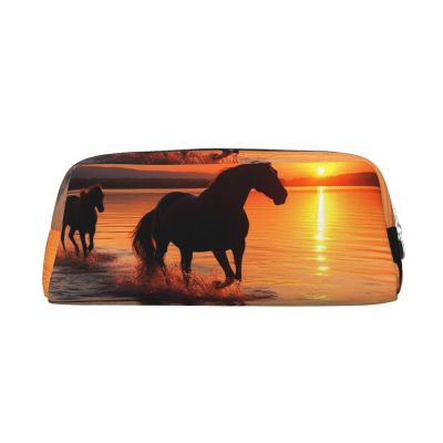 FodPand Leather Makeup Bag for Purse Travel, Sunsets Lake Horses Pencil Case Zipper Toiletry Bag Small Cosmetic Bag