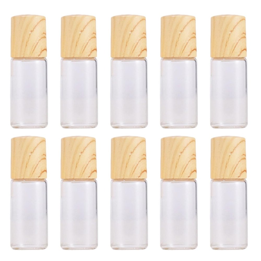 PRETYZOOM 10pcs 3ml Essential Oil Roller Bottles with Glass, Stainless Steel Balls, Wood Grain Caps, Refillable Perfume Bottles for Travel and Aromatherapy