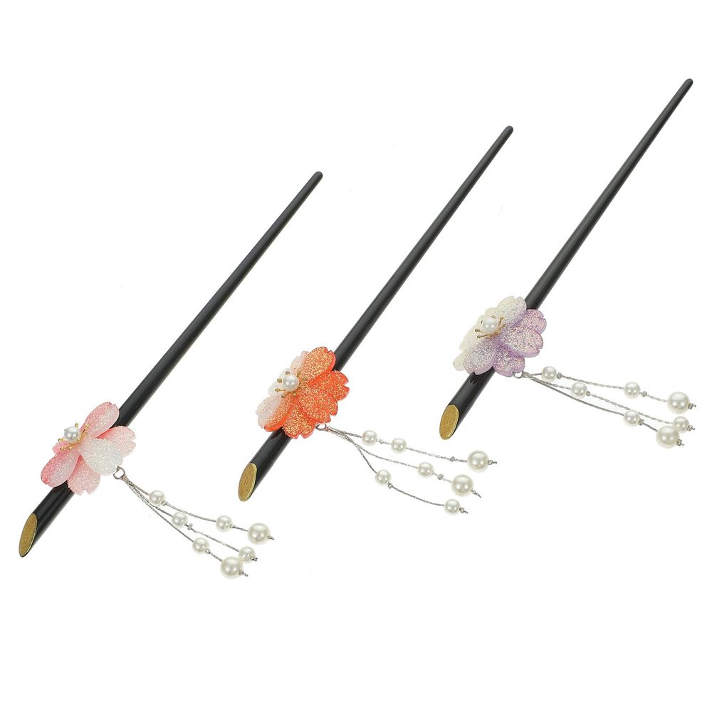 Zerodeko 3 Pcs Cherry Flower Hair Stick Set with Pearl Tassels Chinese and Japanese Hair Chopsticks for Women for Weddings and Daily Styling