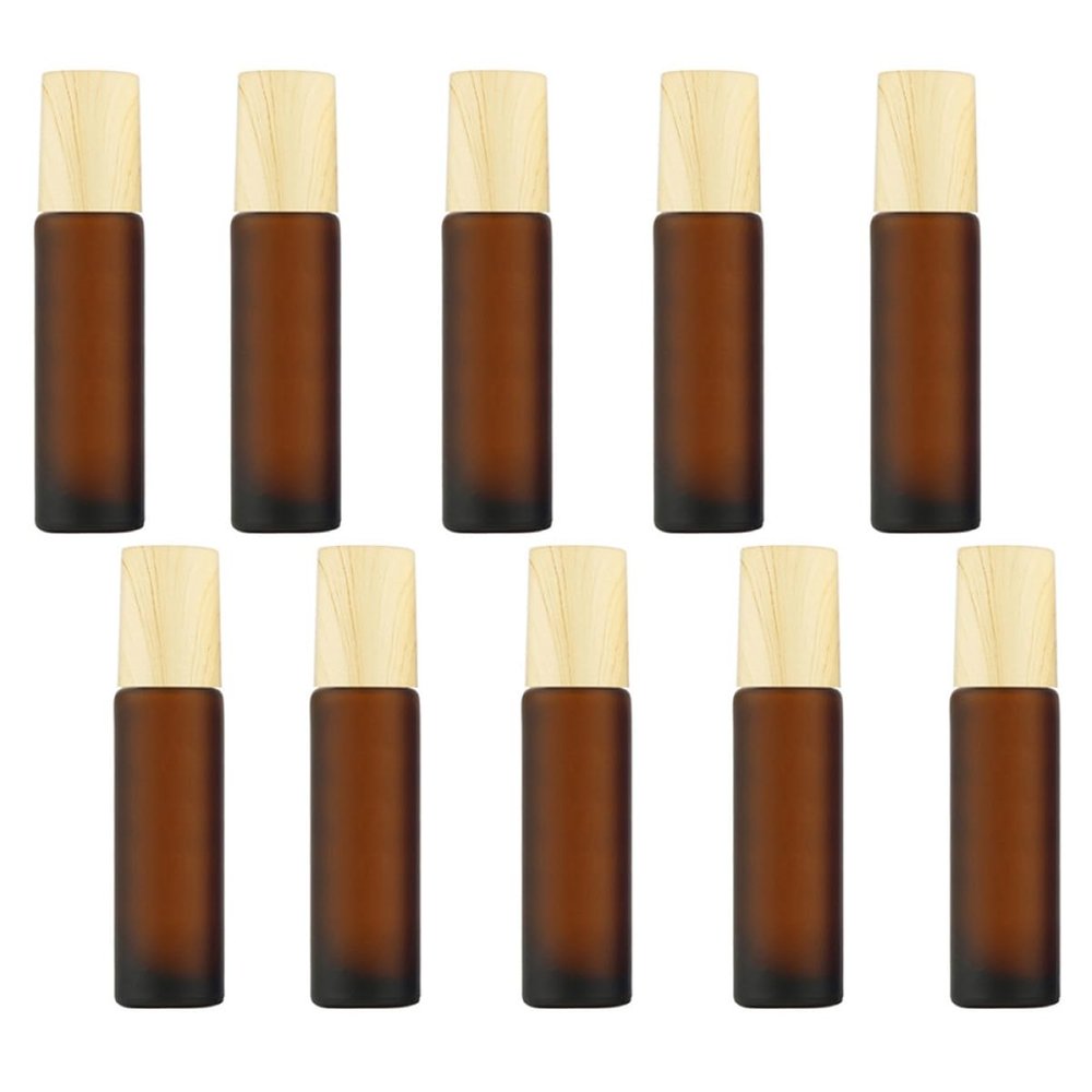 NULYLU 10pcs 10ml Frosted Brown Thick Glass Roller Bottles with Steel Ball and Wood Lid Essential Oil Liquid Dispenser Travel Refillable Containers