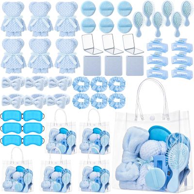 Suncalla 54 Pcs Spa Sleepover Party Supplies Include Bow Headband Eye Mask Bath Towel Scrunchies Hair Clip Comb Powder Puff Mirror Gift Bags for Women Girls Slumber Party Favors (Sky Blue)