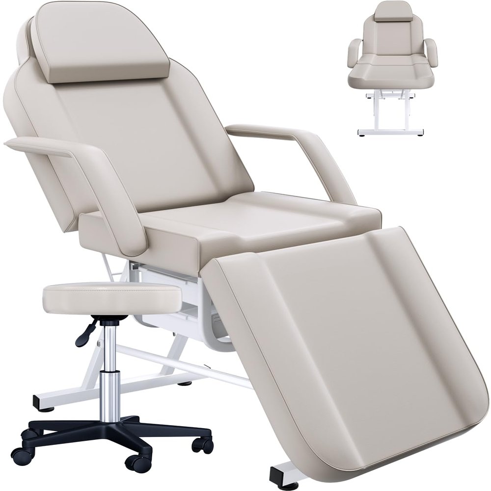 EITPETPORT Facial Chair Tattoo Chair for Client, Facial Bed Esthetician Adjustable Massage Table with Headrest & 360 Rolling Stool, Lash Bed for Salon Spa Barber Massage Equipment, Light Gray