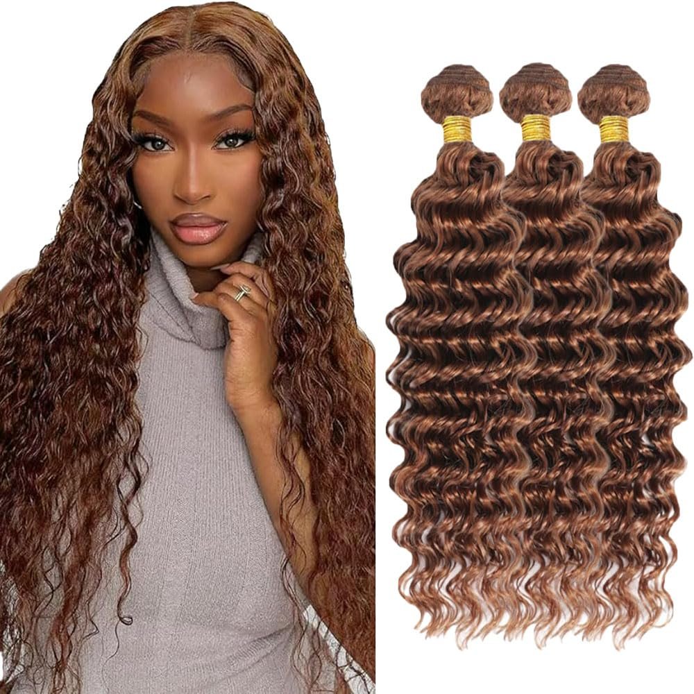 Giginger 3 Bundles Human Hair 300g 14 16 18 Inch Color 30 Dark Brown Deep Wave Bundles Human Hair Weave Unprocessed Quick Weave Bundles Hair for Black Women