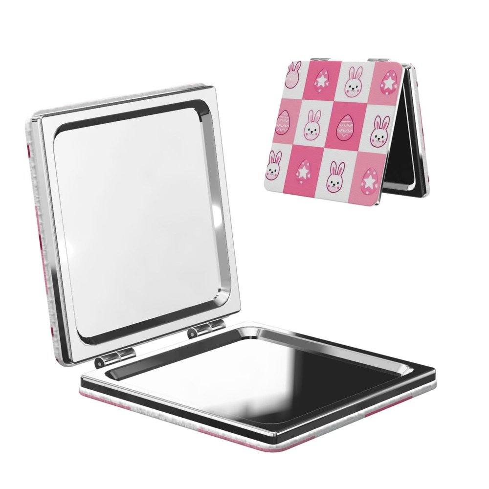 ZEYARUIBO Cute Pink Easter Plaid Rabbit Egg Portable Pocket Makeup Mirror Square Travel Two-Sided Makeups Mirrors