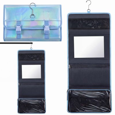 Sunnymove Travel Hanging Toiletry Bag with Mirror Leather Travel Hanging Mirror Foldable Dance Competition Makeup Bag Backstage Cosmetic Organizer for Traveling Dancers Spa(Vibrant,Blue)