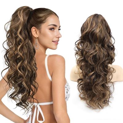 JoryJazzy 24" Ponytail Extension, Long Curly Wavy Claw Clip and Natural-Looking Synthetic Hairpiece, Voluminous Hair Extensions for Women Daily Wear. (Chestnut Brown with Golden, 24Inch)