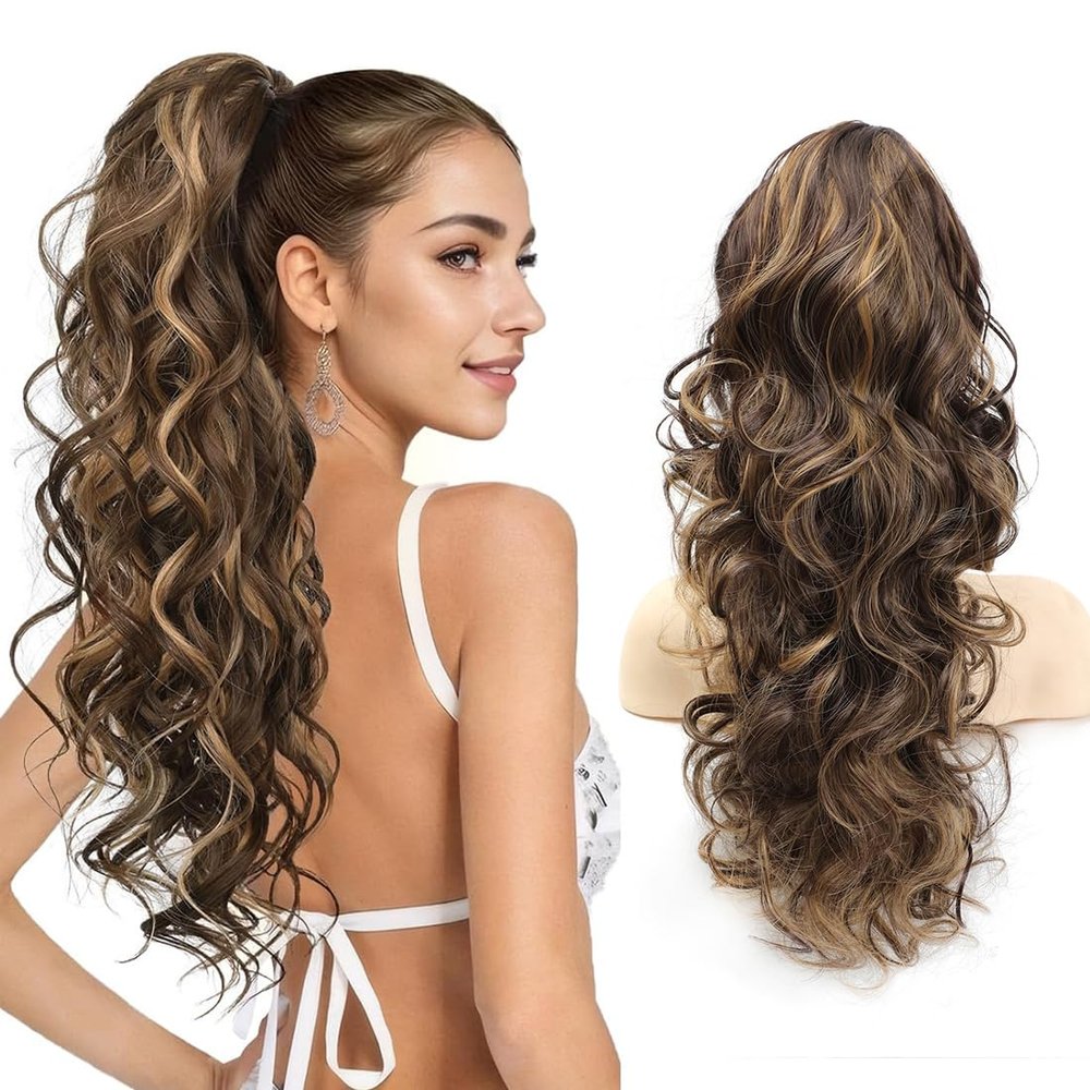 JoryJazzy 24" Ponytail Extension, Long Curly Wavy Claw Clip and Natural-Looking Synthetic Hairpiece, Voluminous Hair Extensions for Women Daily Wear. (Chestnut Brown with Golden, 24Inch)