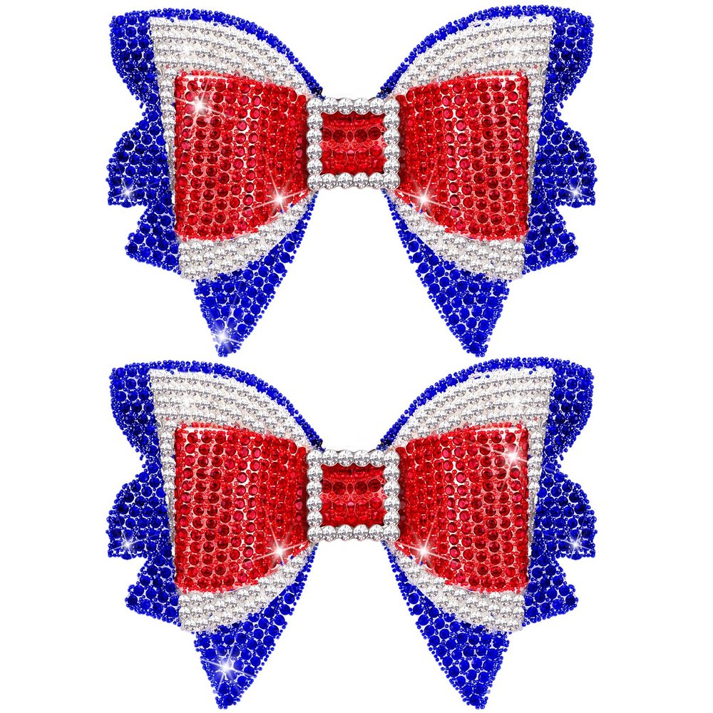 Solsew 2Pcs 4th of July Hair Bows Red White Blue Rhinestone Clips for Women