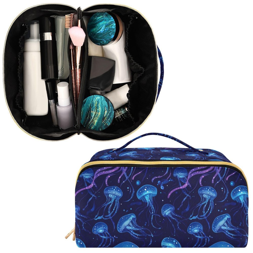 OSYWENRY Jellyfish Flowing Ribbons Large Capacity Makeup Bag for Women Girls, Travel Cosmetic Organizer with Divider & Handle, Portable Toiletry Bag