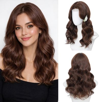 Niceone Hair Brown Wavy Wig for Women, 18 Inch Middle Part Synthetic Wig