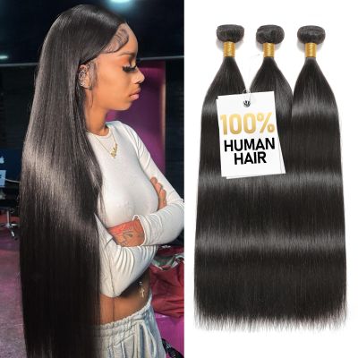 Olsmkis Straight Bundles Human Hair 24 26 28 Inch 3 Bundles Human Hair 300g 100% Unprocessed Brazilian Virgin Raw Hair Extensions Natural Black Weave Real Human Hair Bundles for Women