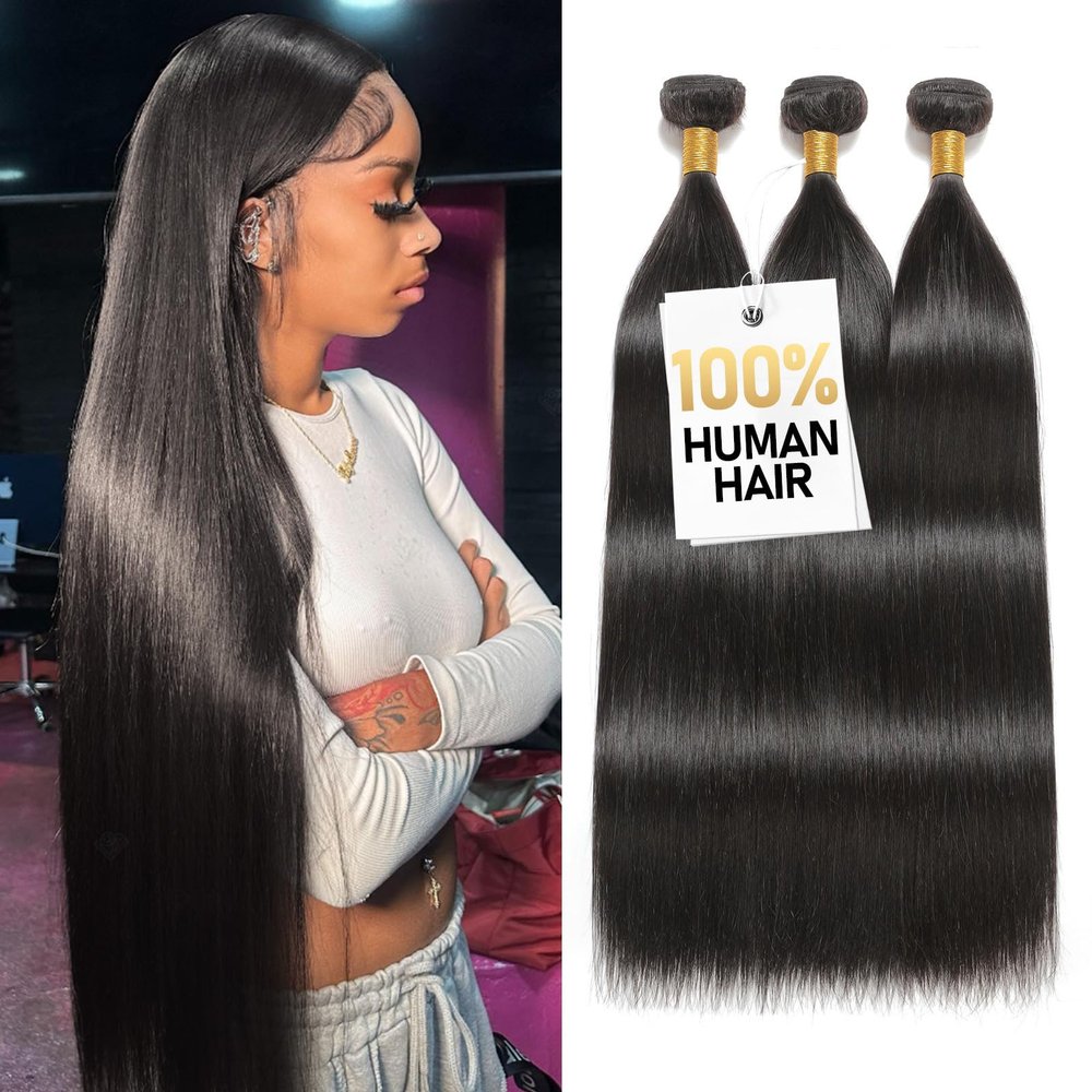 Olsmkis Straight Bundles Human Hair 24 26 28 Inch 3 Bundles Human Hair 300g 100% Unprocessed Brazilian Virgin Raw Hair Extensions Natural Black Weave Real Human Hair Bundles for Women