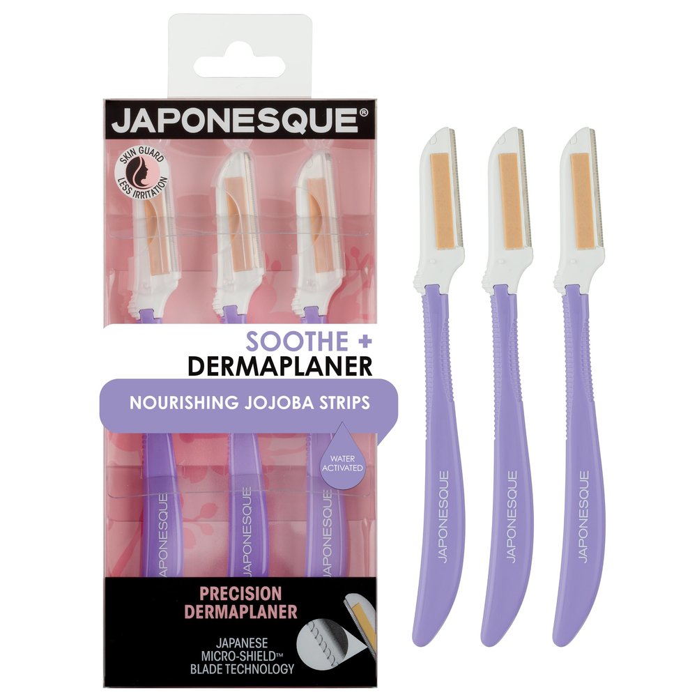 Japonesque Soothe+ Disposable Dermaplane Razor for Women Face; Facial Exfoliation, Hair Removal, Eyebrow Razor & Face Shaver for Women & Men. With Nourishing Jojoba. Stainless Steel Shave Tool Kit 3pc