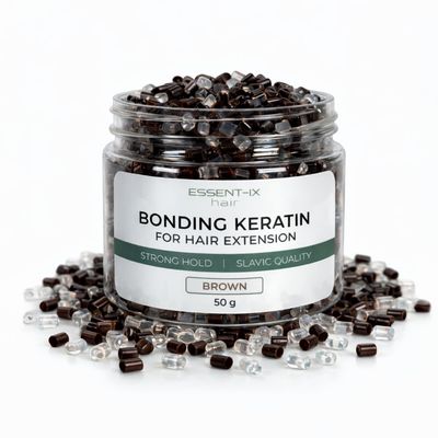 PURE KERATIN BEADS FOR HAIR EXTENSIONS, HIGH-MELTING ITALIAN FORMULA, SLAVIC PREMIUM QUALITY, NO FILLERS, ECONOMICAL USE, ALSO IDEAL FOR RE-TIPPING & BOND REPAIR (BROWN+CLEAR, 1.8 OZ/ 50G )