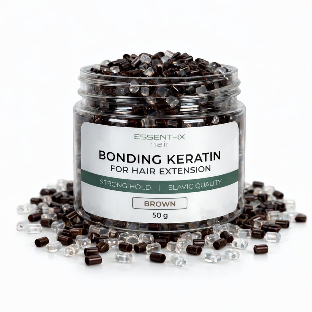 PURE KERATIN BEADS FOR HAIR EXTENSIONS, HIGH-MELTING ITALIAN FORMULA, SLAVIC PREMIUM QUALITY, NO FILLERS, ECONOMICAL USE, ALSO IDEAL FOR RE-TIPPING & BOND REPAIR (BROWN+CLEAR, 1.8 OZ/ 50G )