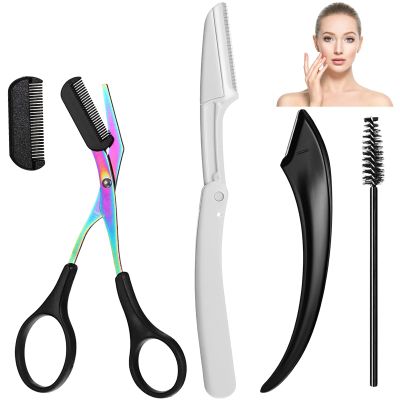 4Pcs Eye Brow Scissors for Women, Professional Eyebrow Trimmer Scissors with Comb, Brush and Eyebrow Razor Stainless Steels Eyebrows Scissor with Comb for Women