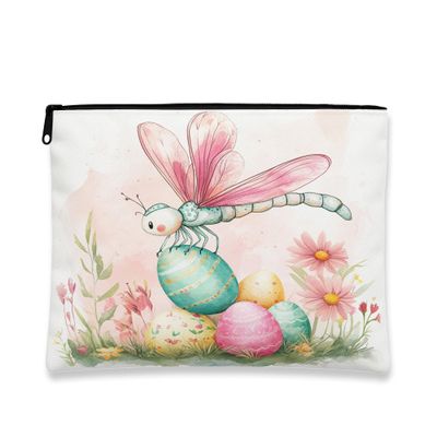 Fanciful Floral Makeup Bag, Pastel Dragonfly and Egg Design Cosmetic Pouch for Spring, Portable Canvas Zipper Toiletry Organizer 7x9 Inch