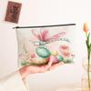 Fanciful Floral Makeup Bag, Pastel Dragonfly and Egg Design Cosmetic Pouch for Spring, Portable Canvas Zipper Toiletry Organizer 7x9 Inch view 2