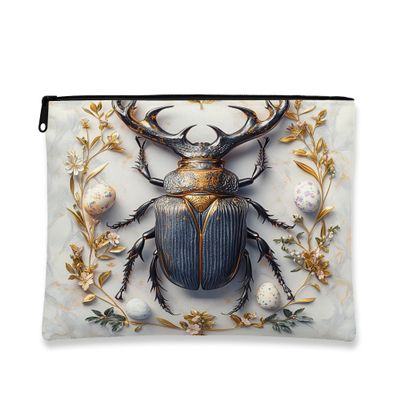 Vintage Beetle Makeup Bag, Elegant Floral Cosmetic Pouch for Women, Portable Canvas Zipper Organizer, Spring Travel Toiletry Bag 7x9 Inch