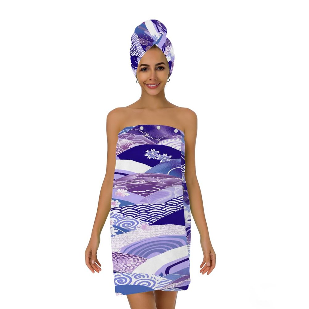 Tangopi Japanese Wave Purple Floral Microfiber Bathrobe and Hair Towel Wrap Set for Women Quick Dry Shower Towels Wrap Absorbent Soft Bath Robe and Hair Drying Cap for Spa After Shower