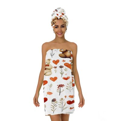 Tangopi Cute Bear Flower Love Microfiber Bathrobe and Hair Towel Wrap Set for Women Quick Dry Shower Towels Wrap Absorbent Soft Bath Robe and Hair Drying Cap for Spa After Shower
