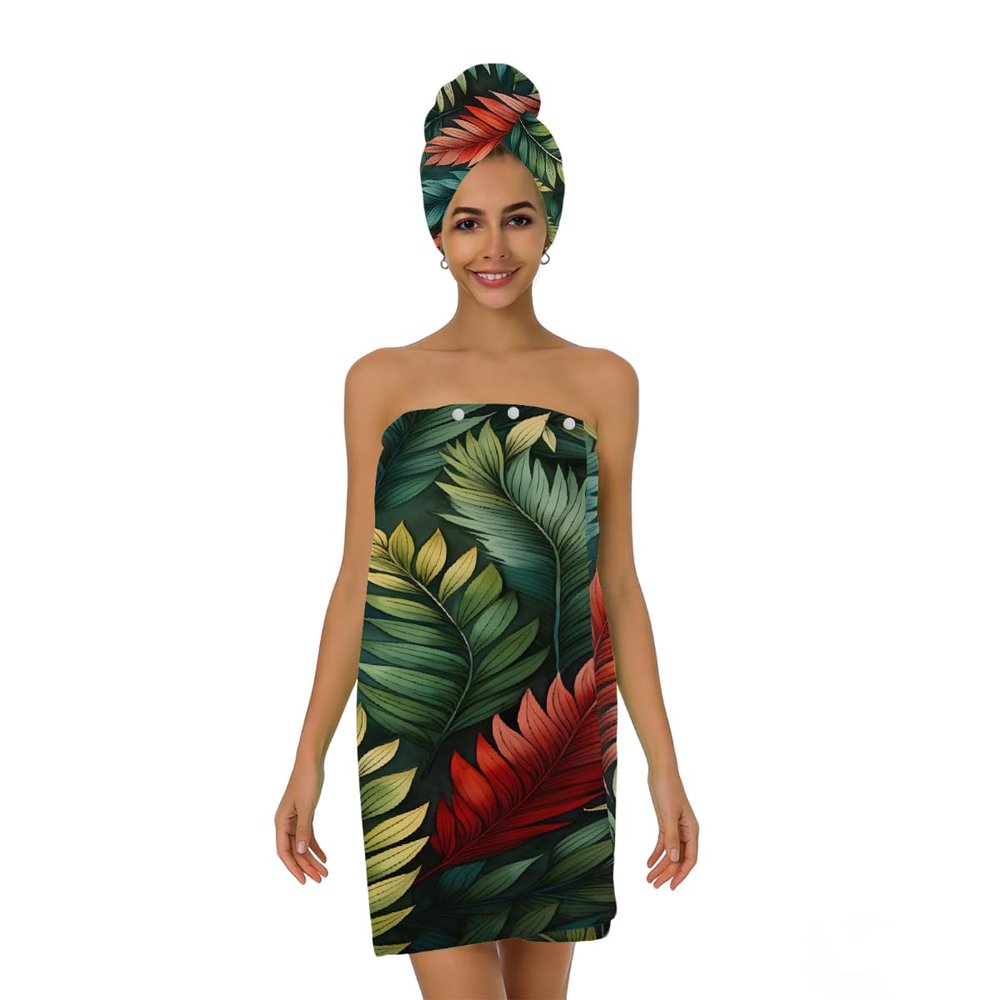 Tangopi Art Colorful Leaves Microfiber Bathrobe and Hair Towel Wrap Set for Women Quick Dry Shower Towels Wrap Absorbent Soft Bath Robe and Hair Drying Cap for Spa After Shower