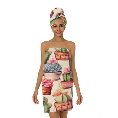 Tangopi Cactus Potted Plant Microfiber Bathrobe and Hair Towel Wrap Set for Women Quick Dry Shower Towels Wrap Absorbent Soft Bath Robe and Hair Drying Cap for Spa After Shower