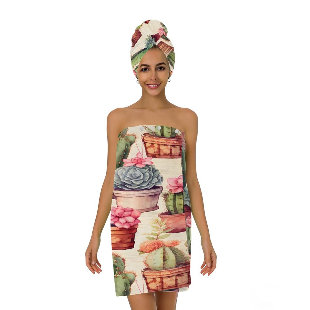 Tangopi Cactus Potted Plant Microfiber Bathrobe and Hair Towel Wrap Set for Women Quick Dry Shower Towels Wrap Absorbent Soft Bath Robe and Hair Drying Cap for Spa After Shower