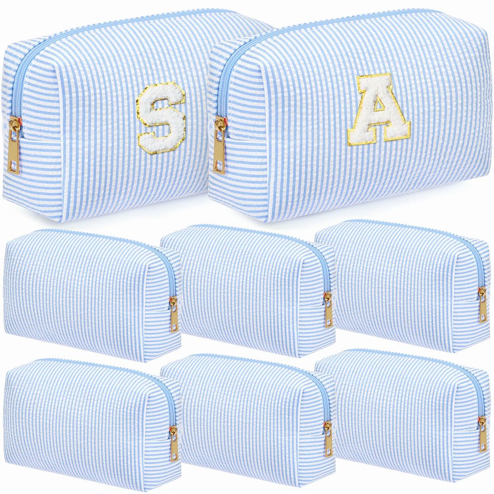 Sanwuta 8 Pcs Initial Seersucker Cosmetic Bags Bulk A-z Chenille Letter Patches Seersucker Makeup Bags Stripe Preppy Storage Pouch Toiletry Travel Organizer for Bridesmaid Gift(Light Blue)