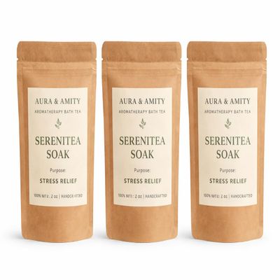 Aura & Amity SereniTea Soak Stress Relief Bath Tea 3 Pack Botanical Bath Soak with Botanical Herbs & Essential Oils (Lavender) Relaxing Spa Bath for Calm & Self Care Handmade in USA