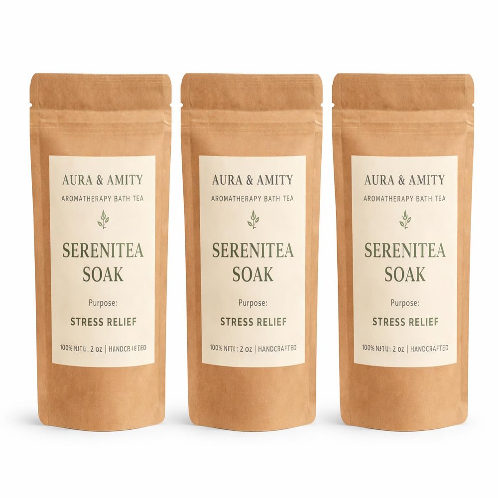 Aura & Amity SereniTea Soak Stress Relief Bath Tea 3 Pack Botanical Bath Soak with Botanical Herbs & Essential Oils (Lavender) Relaxing Spa Bath for Calm & Self Care Handmade in USA