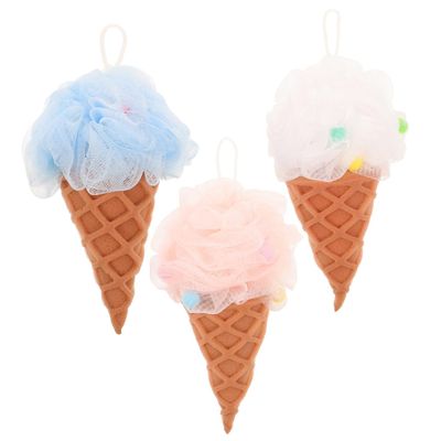 Hohopeti 3pcs Exfoliating Bath Sponge Set Loofah Pouf Shower Scrubber Body Cleaning Sponge for Women and Men Soft Mesh Wash Ball in Pink White Blue