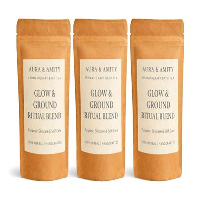 Aura & Amity Glow & Ground Ritual Blend Botanical Bath Tea, 100% Herbal Handcrafted with Calendula, Oatmeal & Lavender, Skincare & Self-Care, 3 Pack