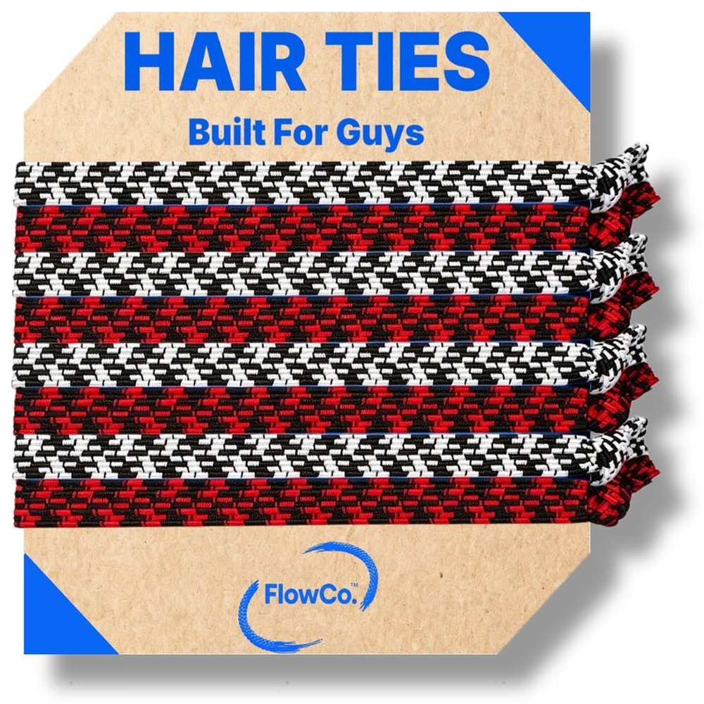 FlowCo. SLIM Series Slim Flat Men's Hair Ties, 8 Pack No Crease, Discreet 2-in-1 Bracelet for Man Bun, Top Knot, Wear as Bracelet (Red Black & Black White Check Mix)