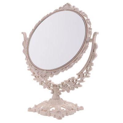 HOMSFOU Vintage Double-Side Cosmetic Mirror Large Round European Style Rotating Desktop Makeup Mirror for Bedroom Vanity