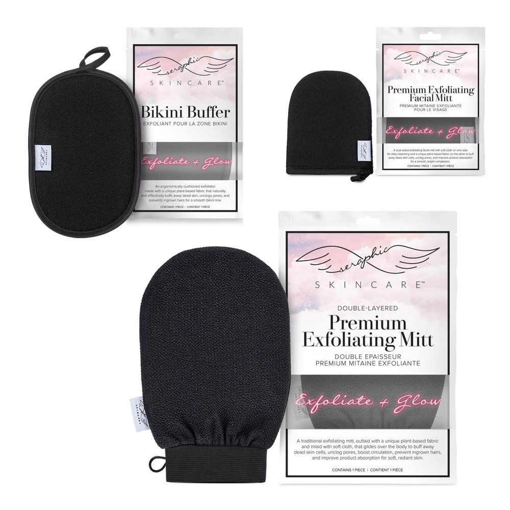 Body Exfoliating Mitt, Dual-Sided Face Scrubber & Bikini Buffer Bundle Set