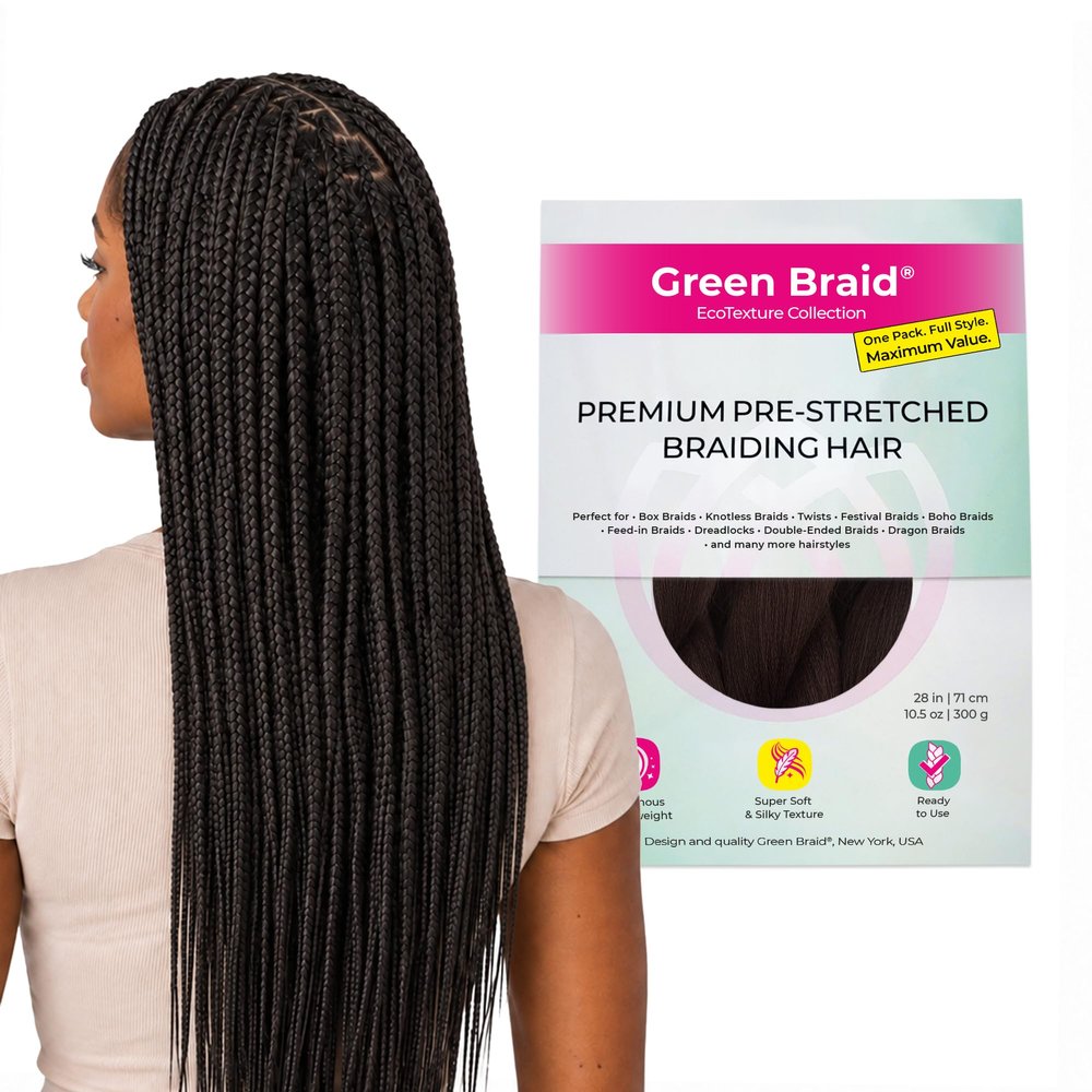 Dark Brown Pre-Stretched Braiding Hair, 28-Inch, 10.5 oz (3 Pack) Soft Yaki Texture Synthetic Hair Extensions Green Braid EcoTexture Collection
