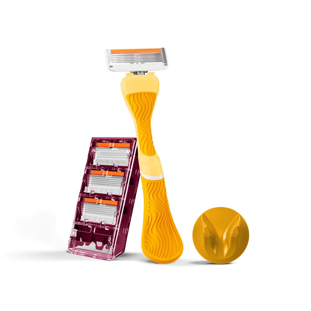 Dollar Shave Club For Women | 1 Yellow Wavy Grip Handle, 4 Razor Refills, 1 Shower Hanger | Razors for Women, Womens Razors for Shaving