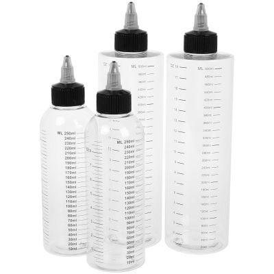 BELLIFFY 4pcs Squeeze Bottles with Measurement Marks and Pointed Nozzle, Refillable Hair Dye Applicator Bottles and Oil Dispenser Containers for Beauty and Kitchen Use, 250ml 500ml